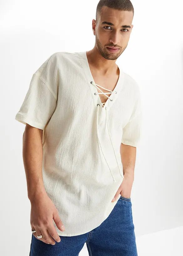 John Baner JEANSWEAR Schlupf-Kurzarmhemd mit Schnürung Saisonschlussverkauf