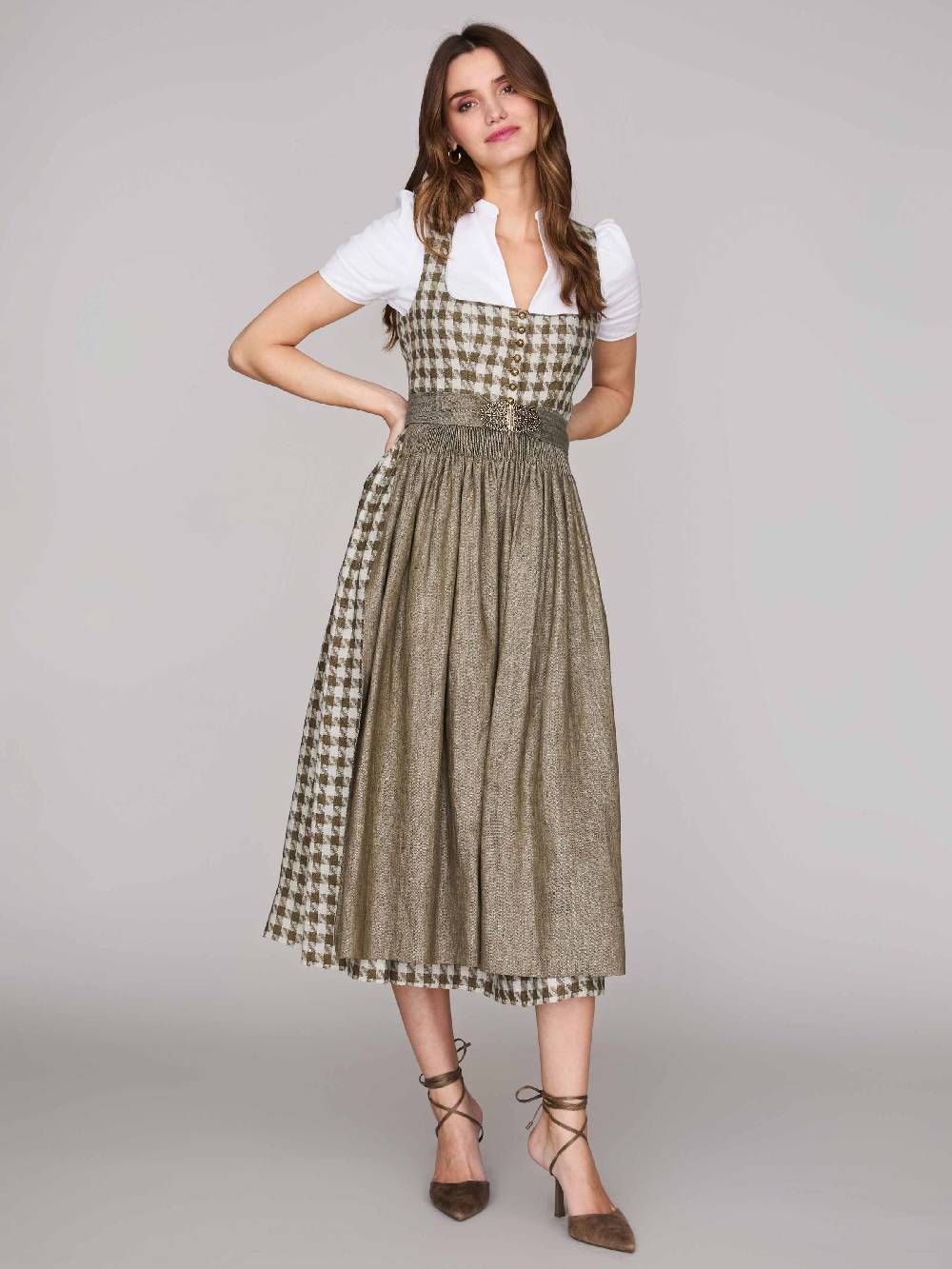 Limberry Grünes Leinen-Dirndl mit Hahnentrittmuster - MONIKA OLIV Große Rabatte