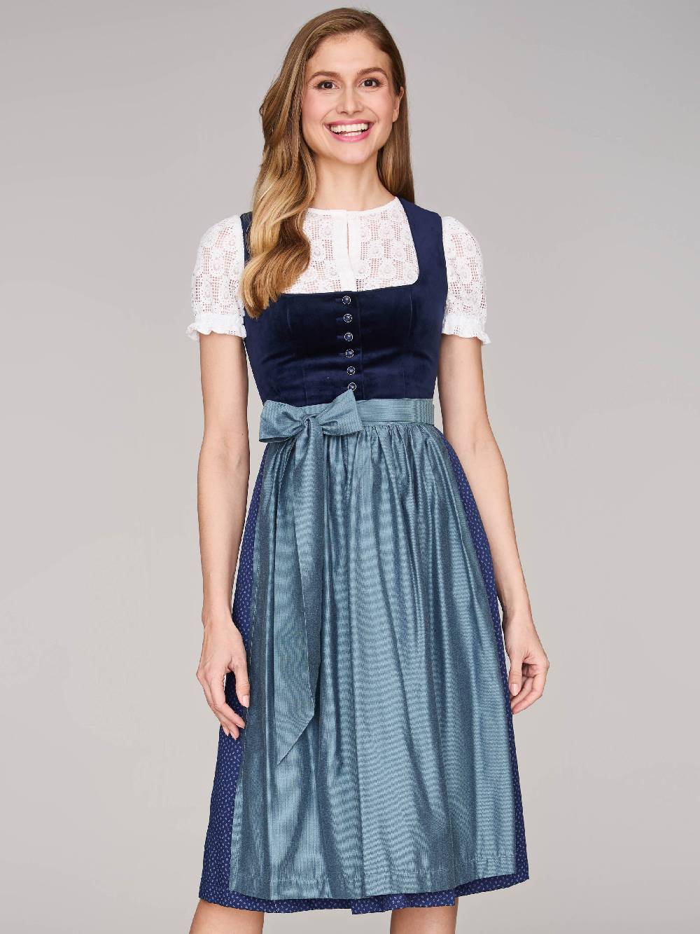 Limberry Dunkelblaues Samt-Dirndl mit Knöpfen - LUCINDA PAGEANT BLUE Begrenzte Freigabe