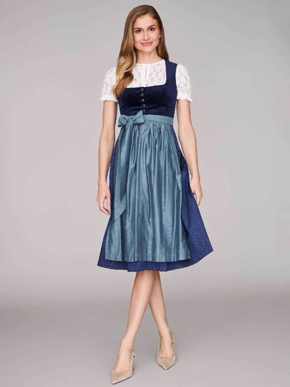 Limberry Dunkelblaues Samt-Dirndl mit Knöpfen - LUCINDA PAGEANT BLUE Begrenzte Freigabe