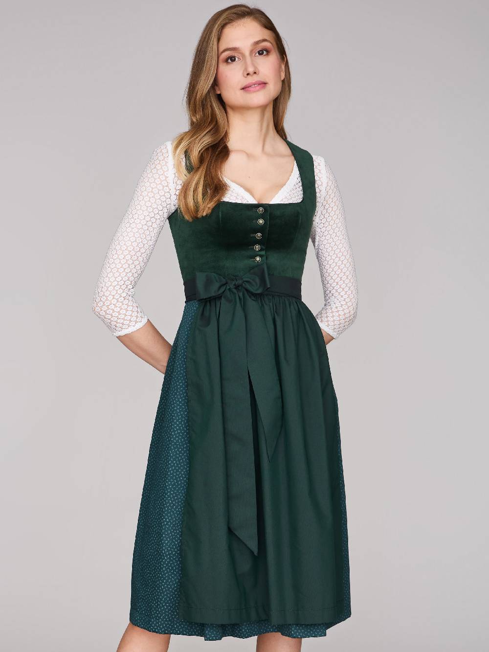 Limberry Dunkelgrünes Samt-Dirndl mit Knöpfen - LUCINDA PINE GROVE Kostenloser Versand international