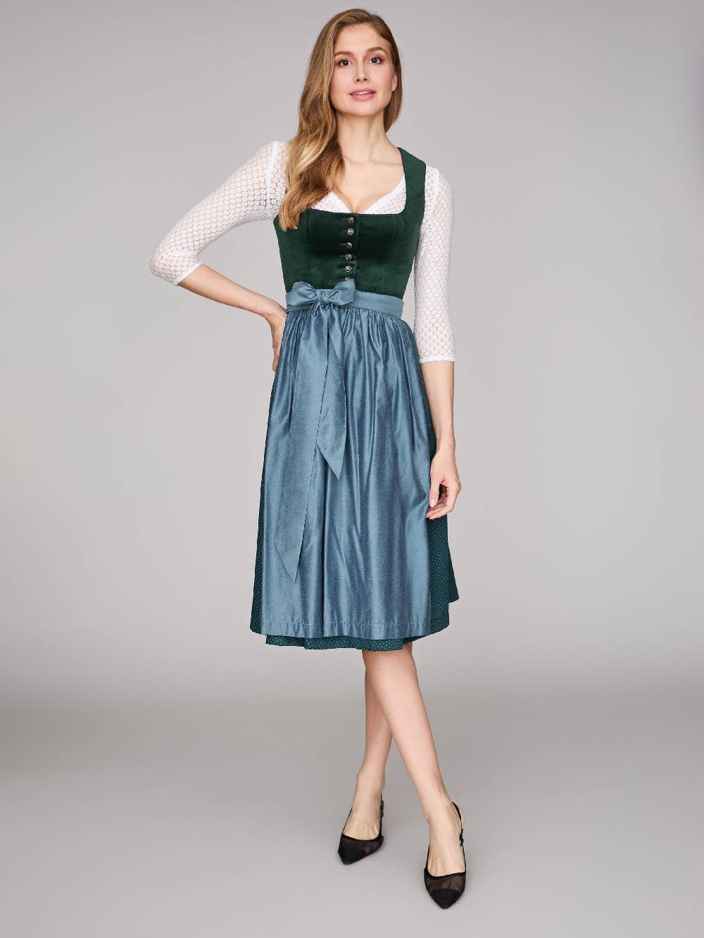 Limberry Dunkelgrünes Samt-Dirndl mit Knöpfen - LUCINDA PINE GROVE Kostenloser Versand international