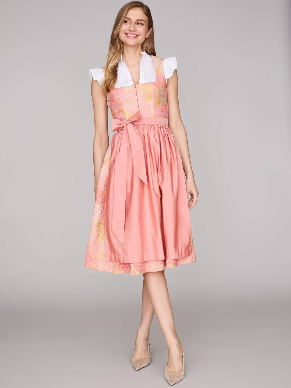 Limberry Rosa-farbenes Dirndl mit Blumenmuster - DAHLIA CORAL ALMOND Fabrik Onlineshop