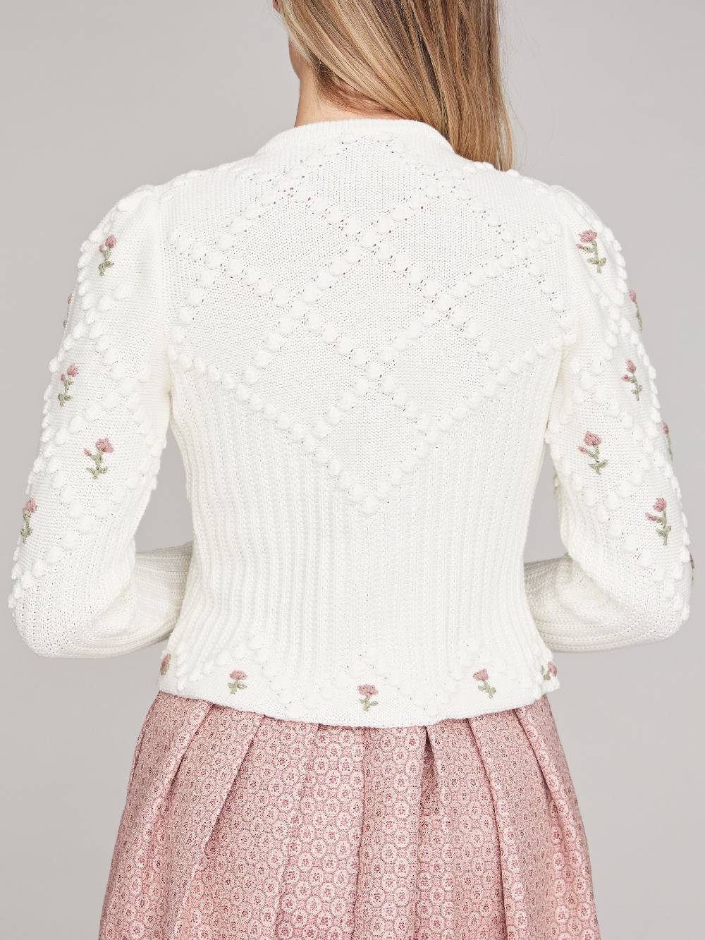 Limberry Cremeweiße Strickjacke mit rosa Blumenstickerei - ROMY Letzte 2 Tage