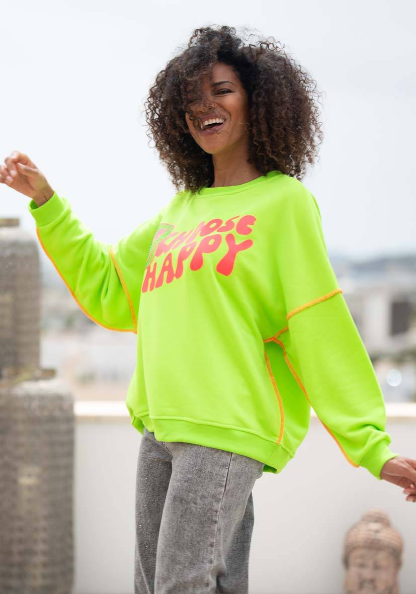 Miss Goodlife Roundneck Choose Happy Strass – neongreen Sonderangebot der Fabrik