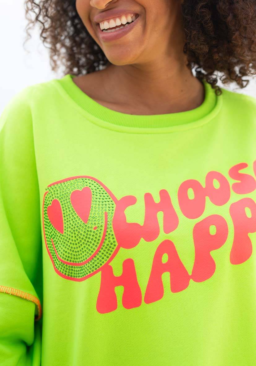 Miss Goodlife Roundneck Choose Happy Strass – neongreen Sonderangebot der Fabrik