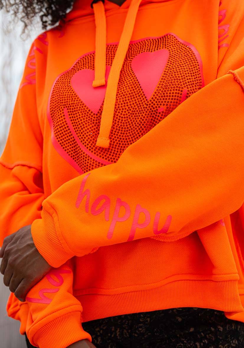 Miss Goodlife Hoodie Happy Heartface Strass – neonorange Neueste Mode