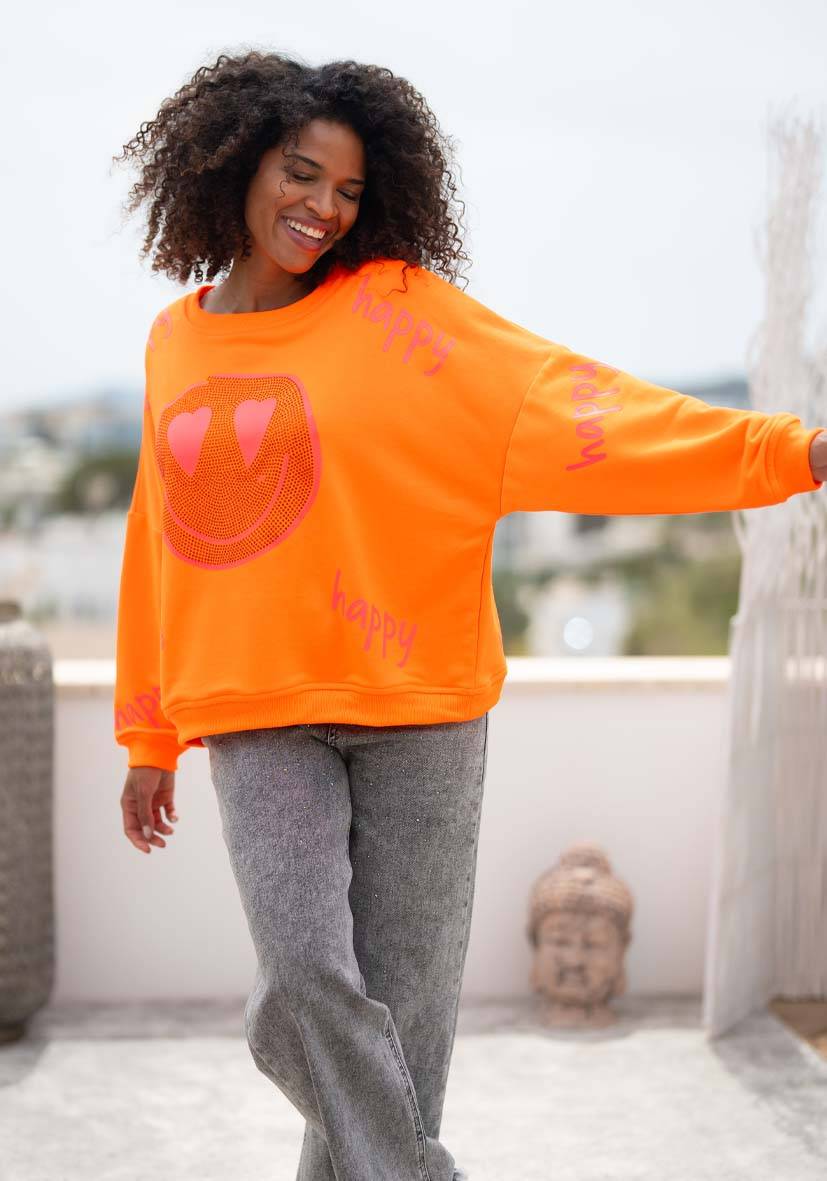 Miss Goodlife Roundneck Happy Heartface Strass – neonorange Neuheiten