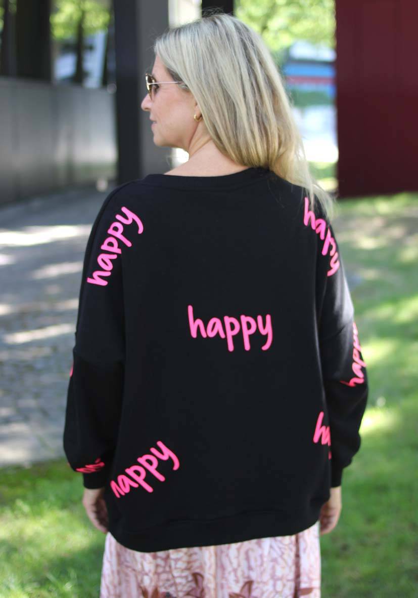 Miss Goodlife Roundneck Happy Heartface Strass – black Räumungsverkauf