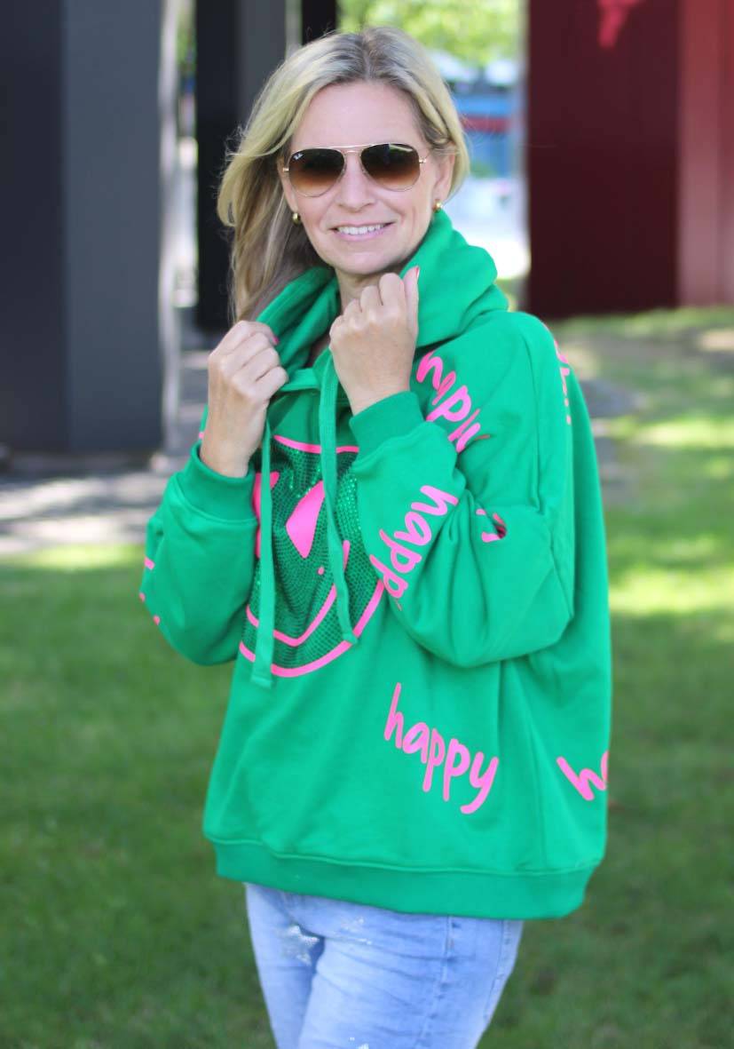 Miss Goodlife Hoodie Happy Heartface Strass – green Tiefpreis