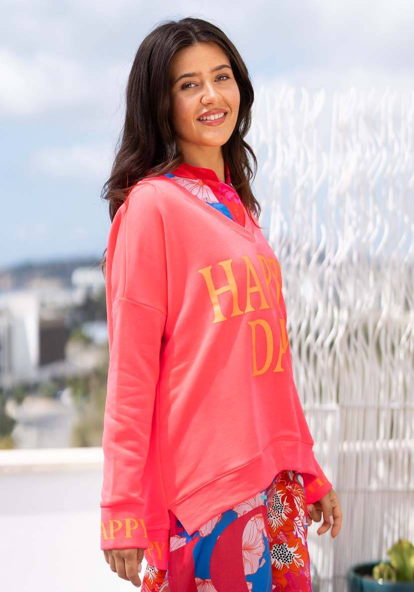 Miss Goodlife V-Neck Happy Day – neonpink Bis zu 55% Rabatt