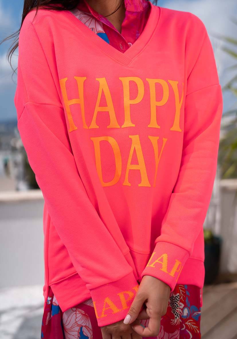 Miss Goodlife V-Neck Happy Day – neonpink Bis zu 55% Rabatt