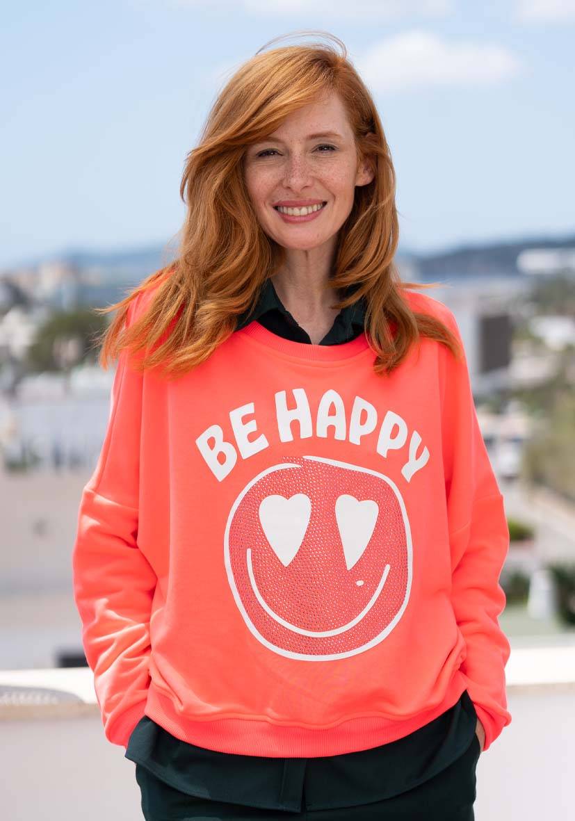Miss Goodlife Roundneck Be happy Heartface Strass – neonpink Fabrikverkauf