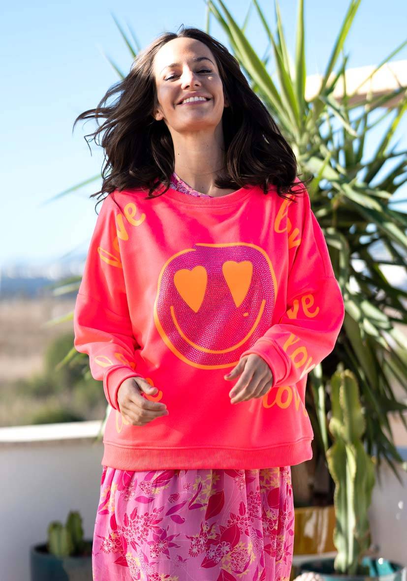 Miss Goodlife Roundneck Love Heartface Strass – neonpink Flash Sale