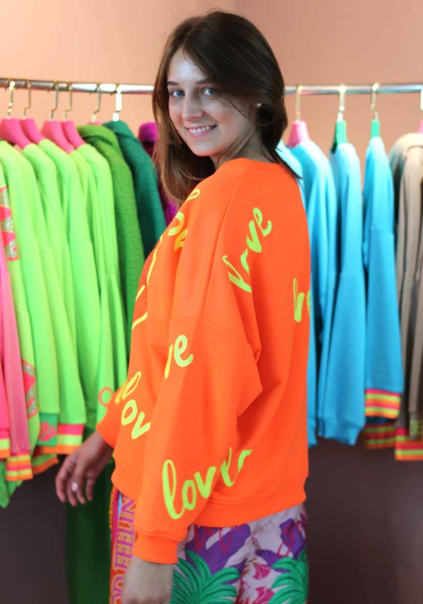 Miss Goodlife Roundneck Love Heartface Strass – neonorange Saisonschlussverkauf