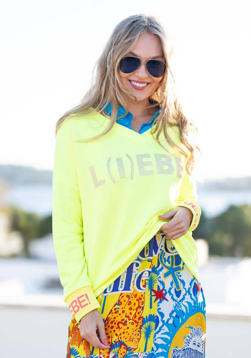 Miss Goodlife V-Neck L(i)ebe Strass – neonyellow/rose Tiefpreis