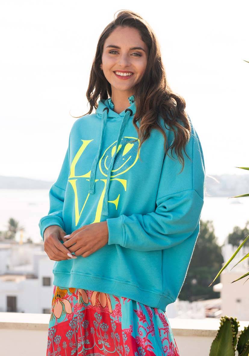 Miss Goodlife Hoodie Love Heartface – turquoise/neonyellow Letzte 2 Tage
