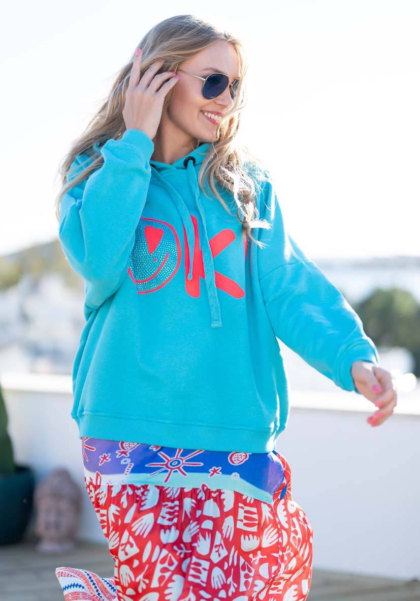Miss Goodlife Hoodie OK! Heartface – turquoise/neonpink Nur noch ein Tag übrig
