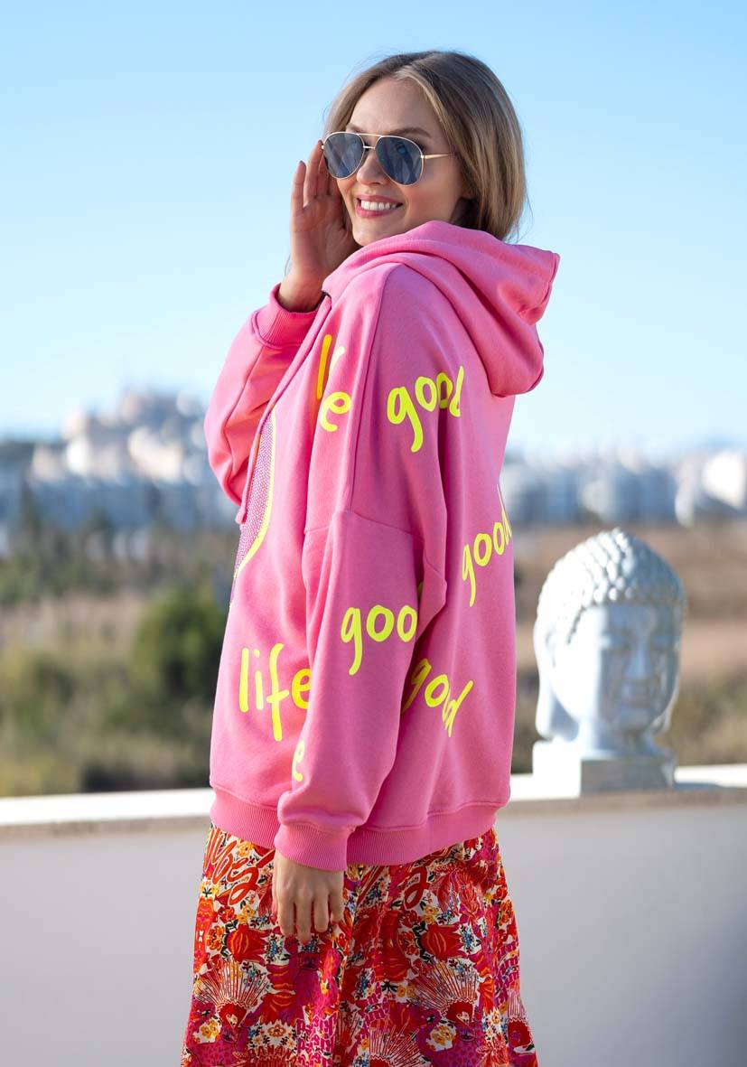Miss Goodlife Hoodie Goodlife Heartface Strass – rose/neonyellow Riesige Rabatte