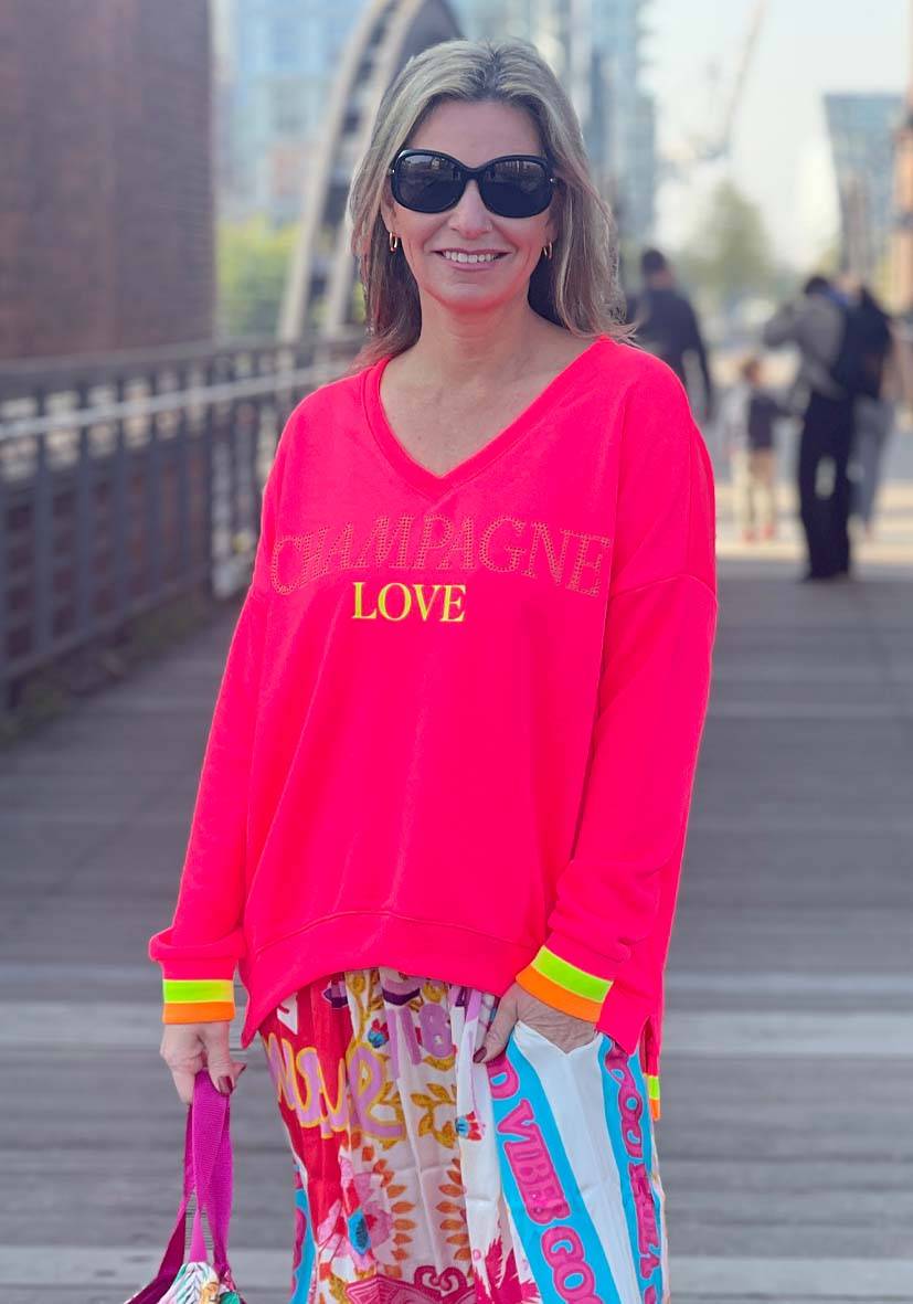 Miss Goodlife V-Neck Champagne Love Strass – neonpink/neonyellow 50% Rabatt mit kostenlosem Versand