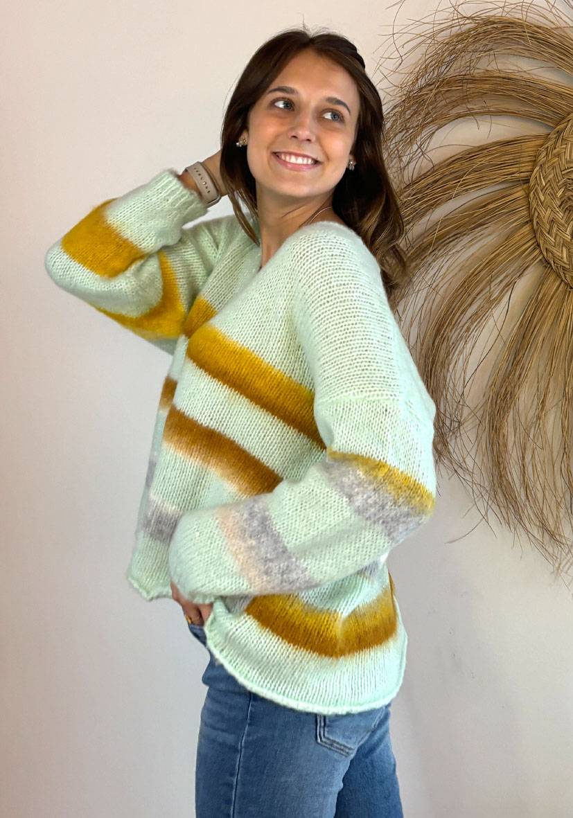 Miss Goodlife Pullover gebrushed mit multicolor Stripes – mint Vatertagsangebot