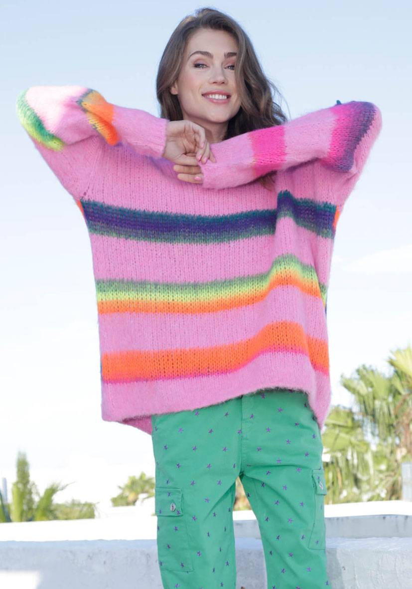 Miss Goodlife Pullover gebrushed mit multicolor Stripes – pink Heißer Verkauf