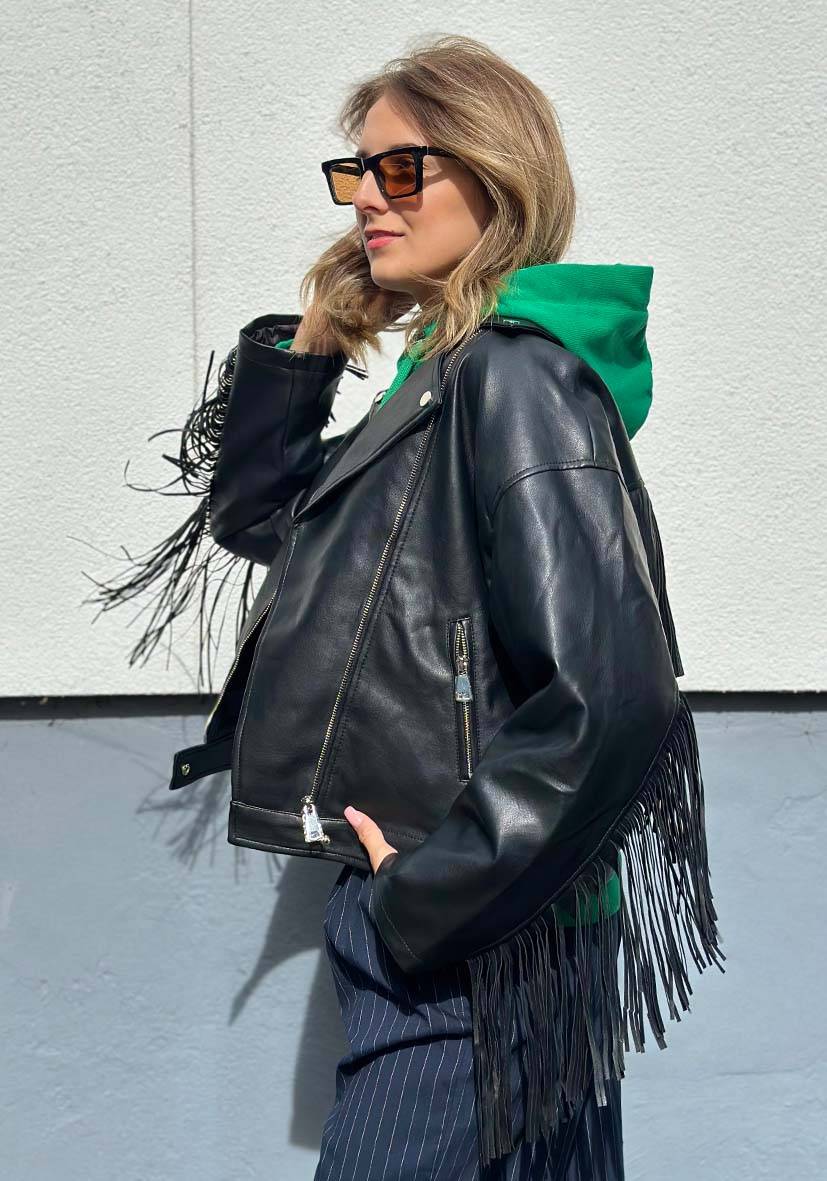 Miss Goodlife Vegane Lederjacke mit Fransen – black Speichern exportieren