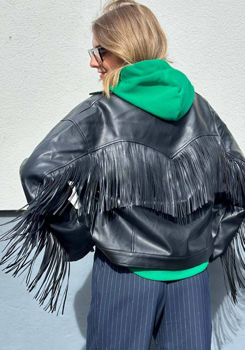 Miss Goodlife Vegane Lederjacke mit Fransen – black Speichern exportieren