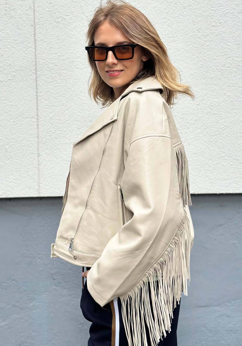Miss Goodlife Vegane Lederjacke mit Fransen – beige Black Friday Preise