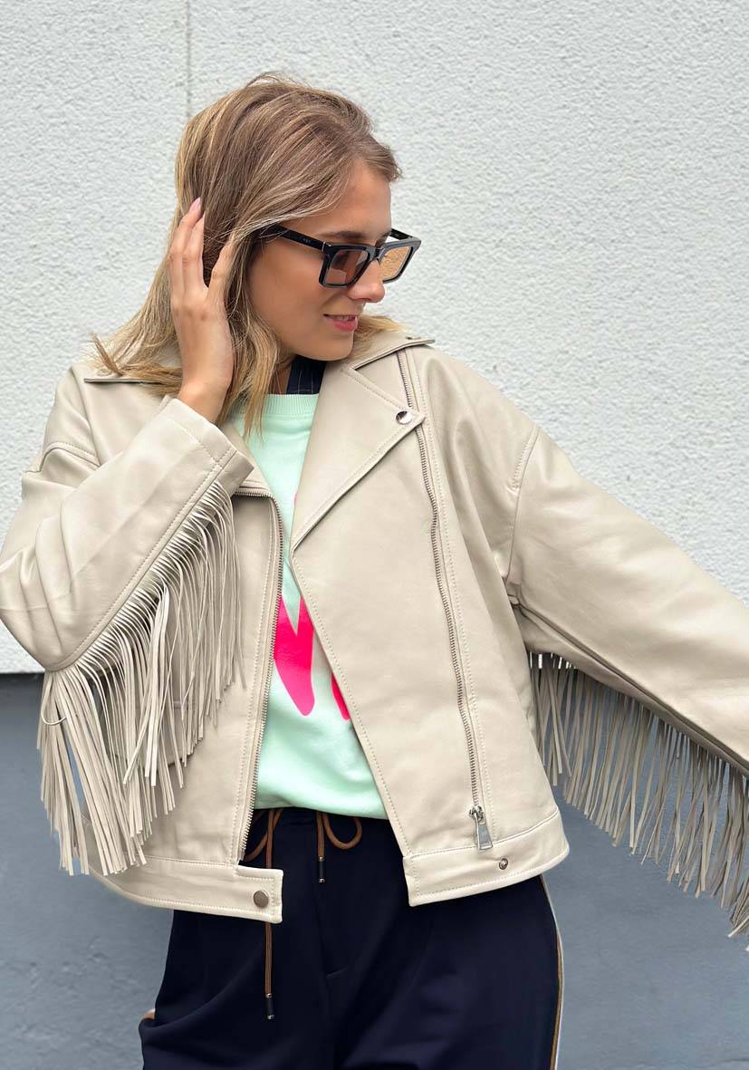 Miss Goodlife Vegane Lederjacke mit Fransen – beige Black Friday Preise