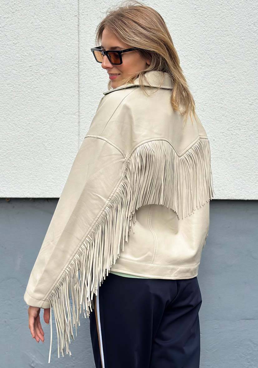 Miss Goodlife Vegane Lederjacke mit Fransen – beige Black Friday Preise
