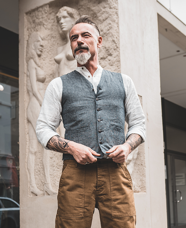 Pike Brothers 1905 Hauler Vest grey striped linen Saisonschlussverkauf